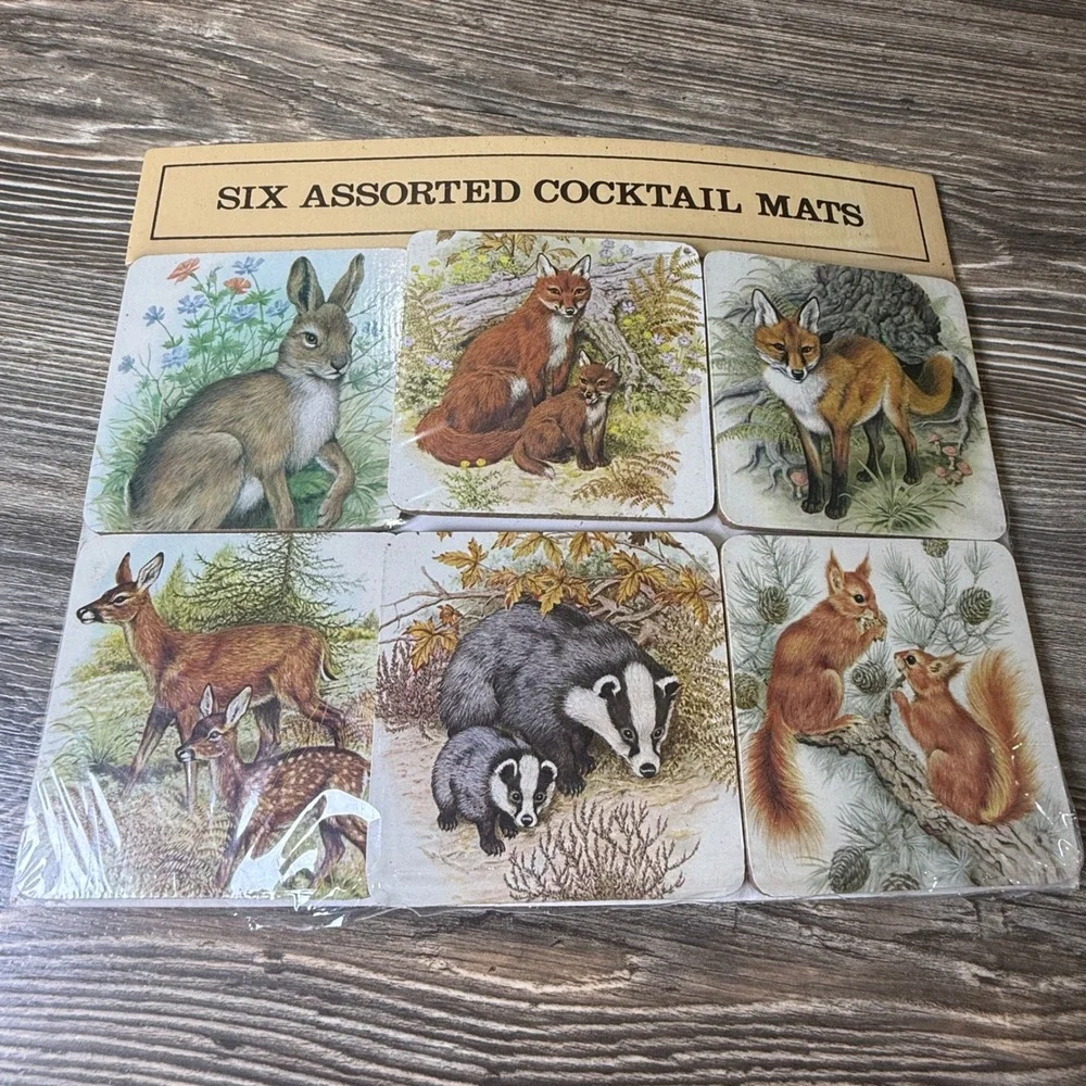 Vintage Woodland Animals Cocktail Mats Set of 6 Coasters Fox Deer Badger Hare